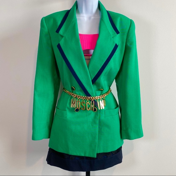 Great Kelly Green & Navy Blue Detail Double Breasted Versatile Wear Blazer - Picture 6 of 11